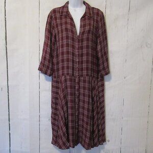 April Cornell Dress M Medium Burgundy Plaid 3/4 Sleeve Cottagecore Prairie